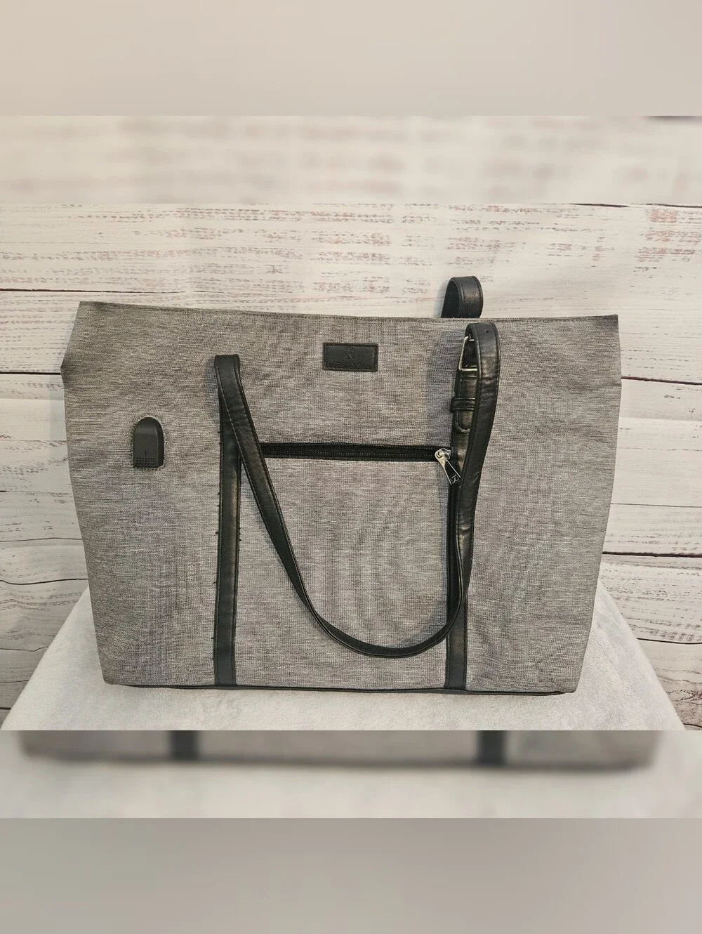 Gray Laptop Tote Bag with Black Trim and Strap